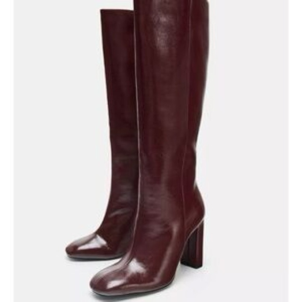ZARA Burgundy Knee High Block Heel Rounded Toe Boots Size 10 NWT